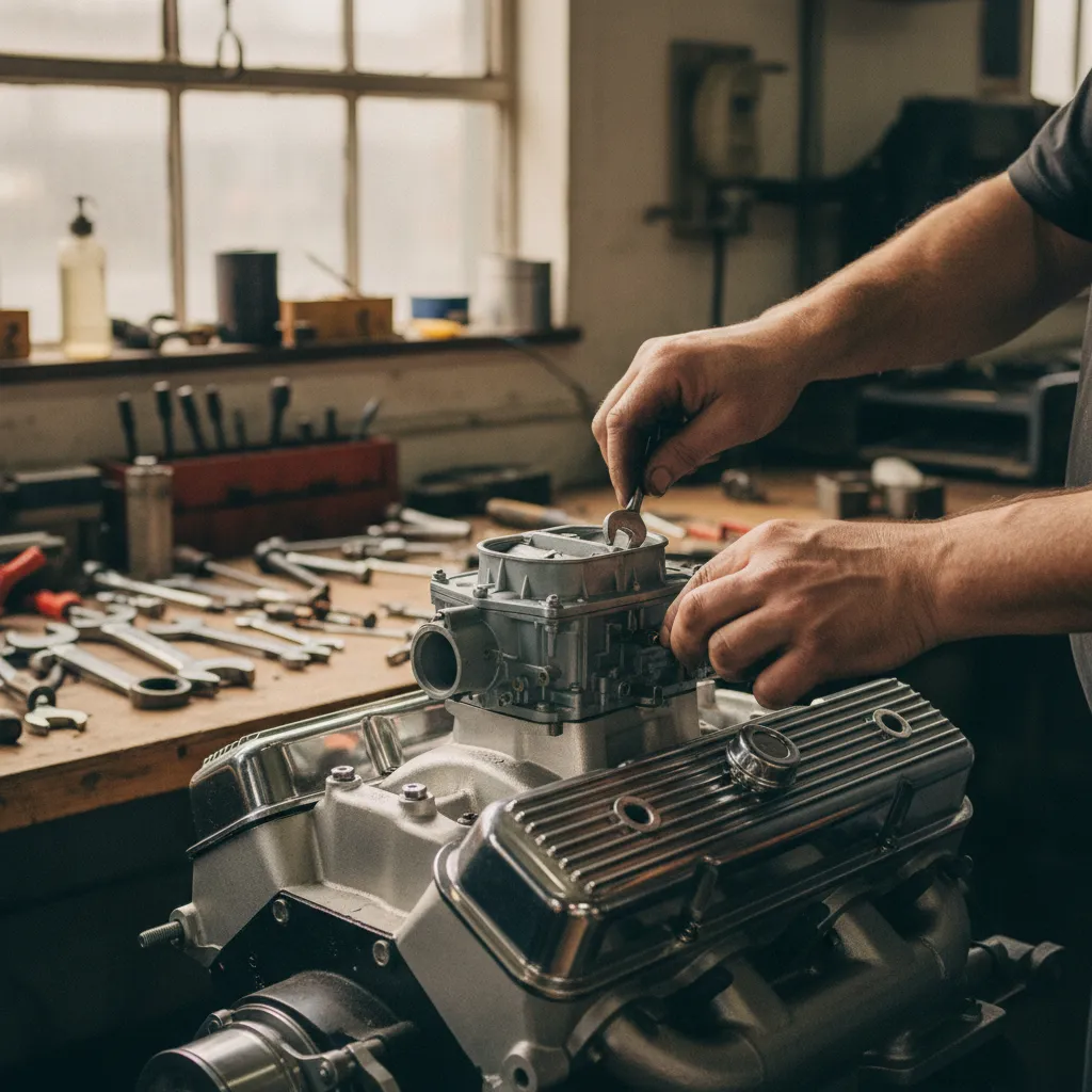 Réglage du carburateur Rochester sur un V8 Cadillac dans un atelier de restauration