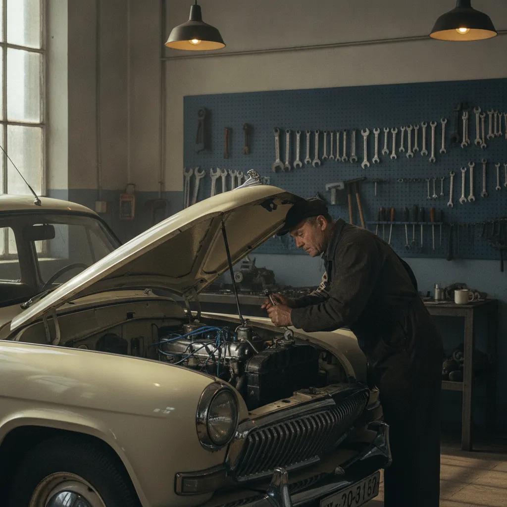 Restauration d'une GAZ Pobeda dans un atelier spécialisé en voitures anciennes