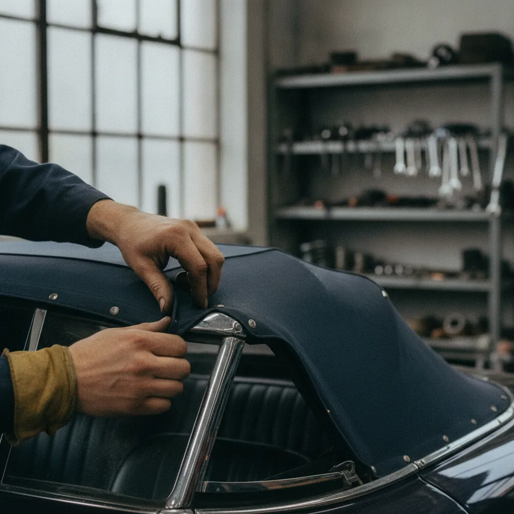 Inspection minutieuse de la capote et du mécanisme d'un cabriolet ancien en atelier