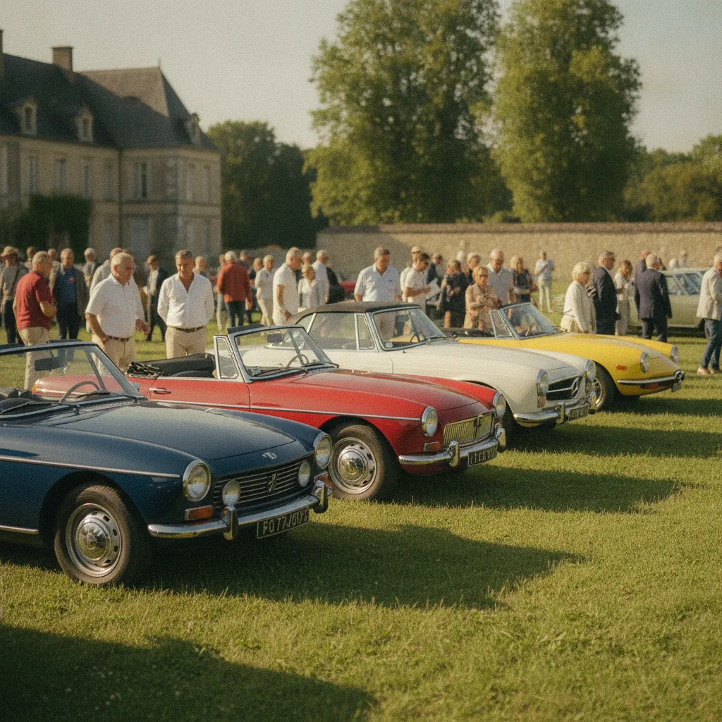Cabriolets de collection exposés lors d'un rassemblement de véhicules anciens en France