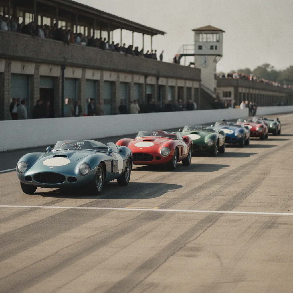 Voitures de course anciennes alignées sur la grille de départ d'un circuit historique