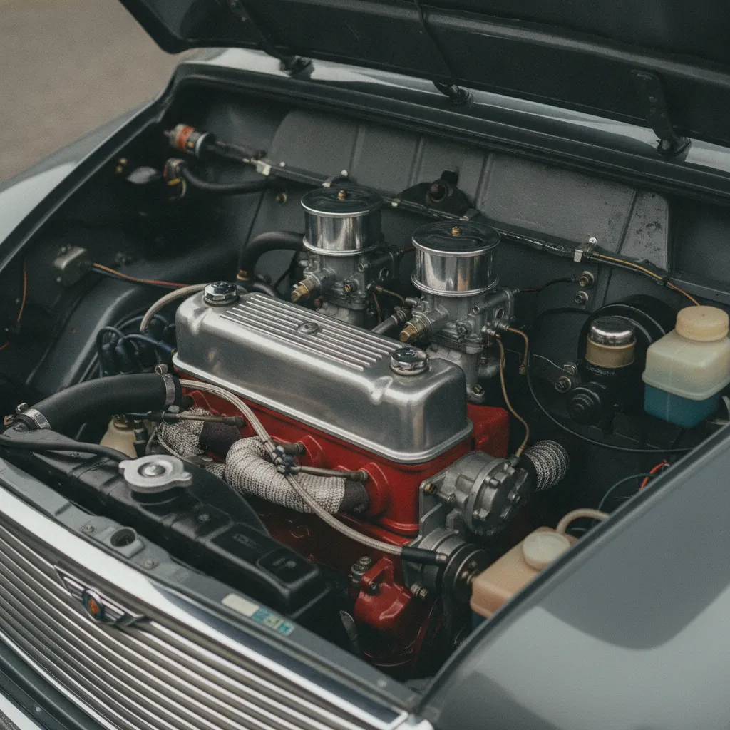 Le moteur série A transversal avec ses carburateurs SU, cœur mécanique de toute Mini classique