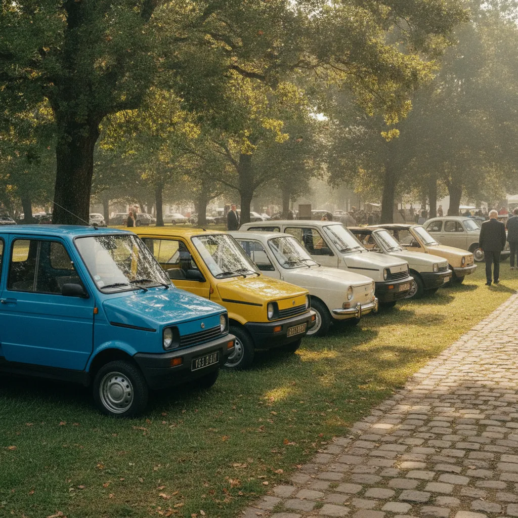 Plusieurs modèles de voitures sans permis anciennes exposées lors d'un rassemblement automobile