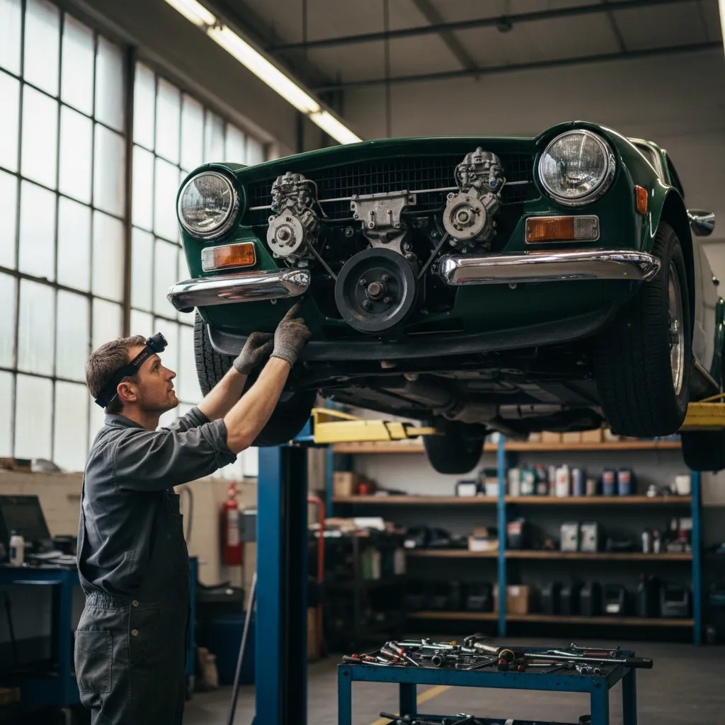 Inspection du châssis et des dessous d'une TR6 en atelier spécialisé