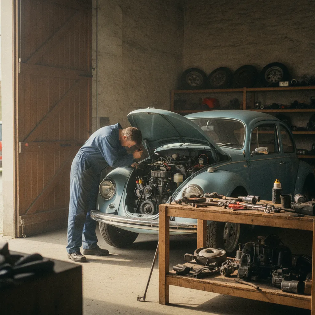 La restauration d'une Coccinelle Type 1 des années 1960 dans un atelier spécialisé