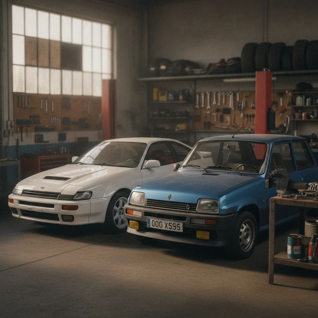 Toyota Celica GT-Four et Renault 5 Alpine Turbo côte à côte dans un atelier de restauration