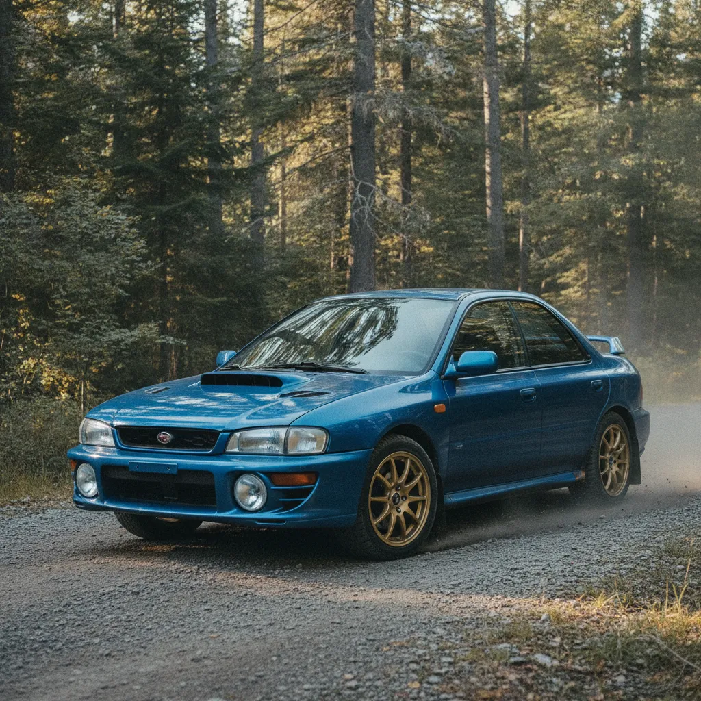 La Subaru Impreza WRX STI GC8, reconnaissable entre mille avec ses jantes dorées et sa prise d'air capot