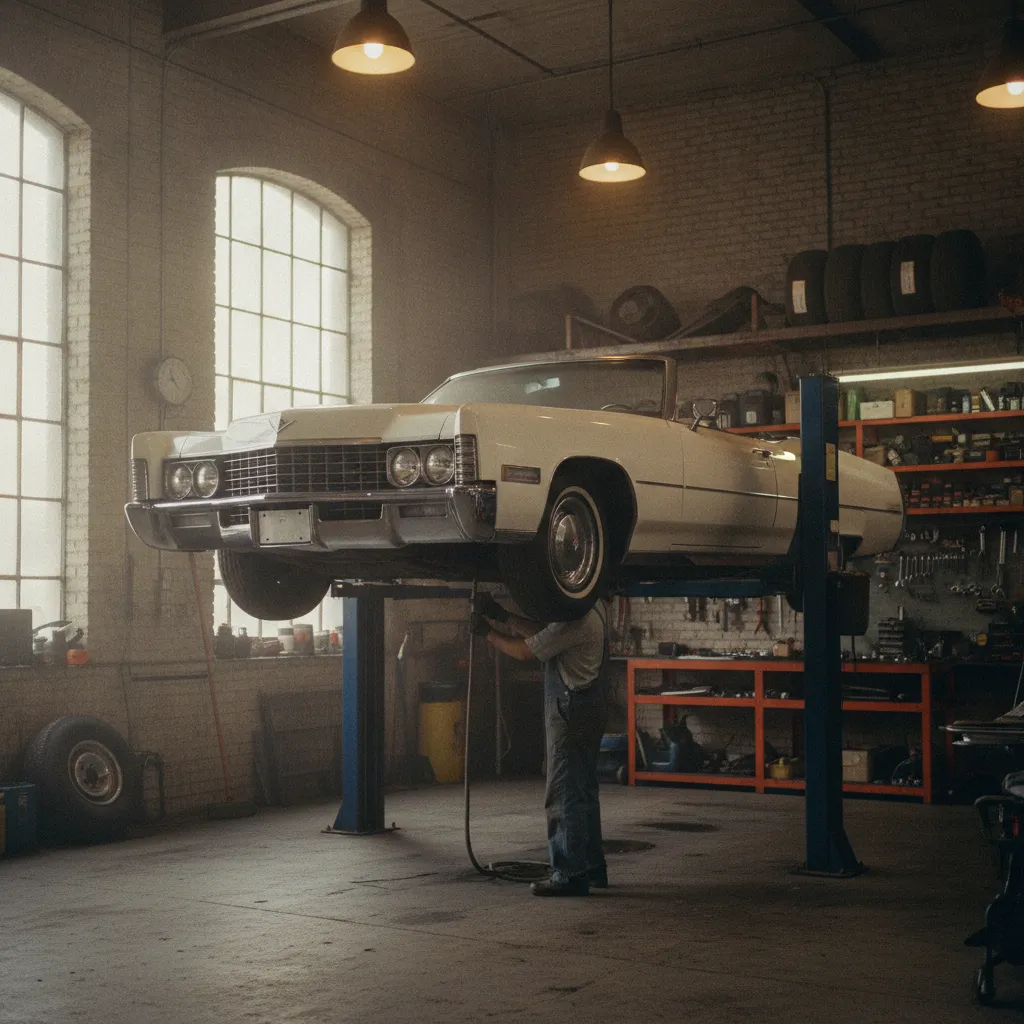 Restauration d'une Cadillac DeVille 1970 dans un atelier spécialisé en voitures de collection