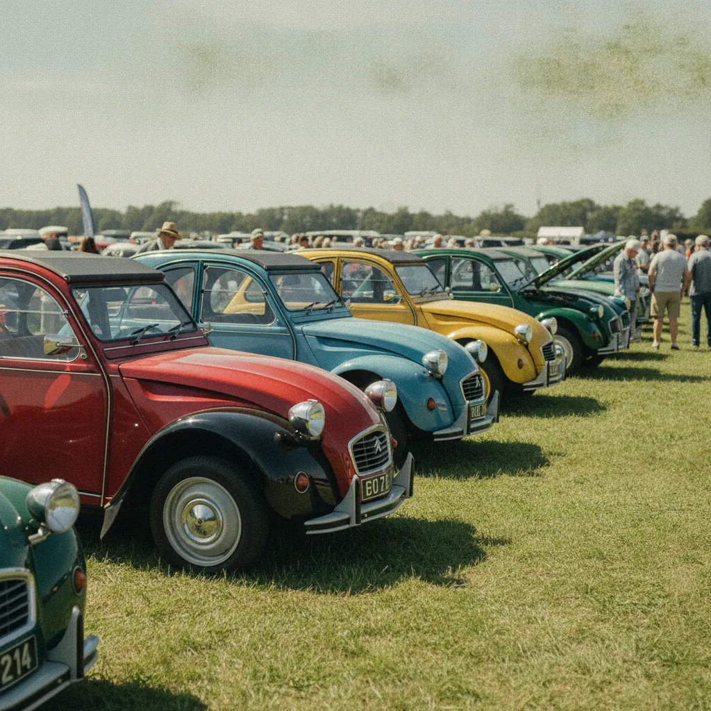 Plusieurs 2CV alignées lors d'un rassemblement de collectionneurs en France