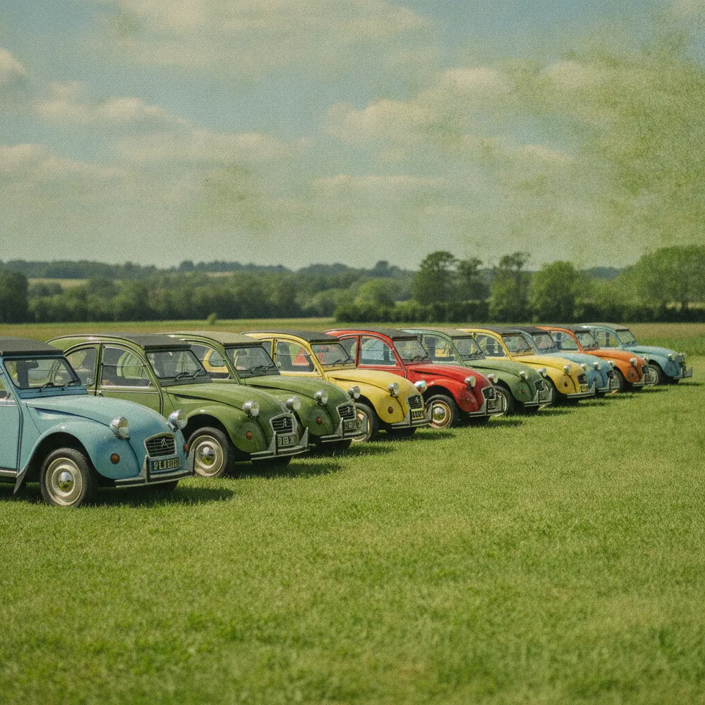 Plusieurs modèles de 2CV réunis lors d'un rassemblement de passionnés en France