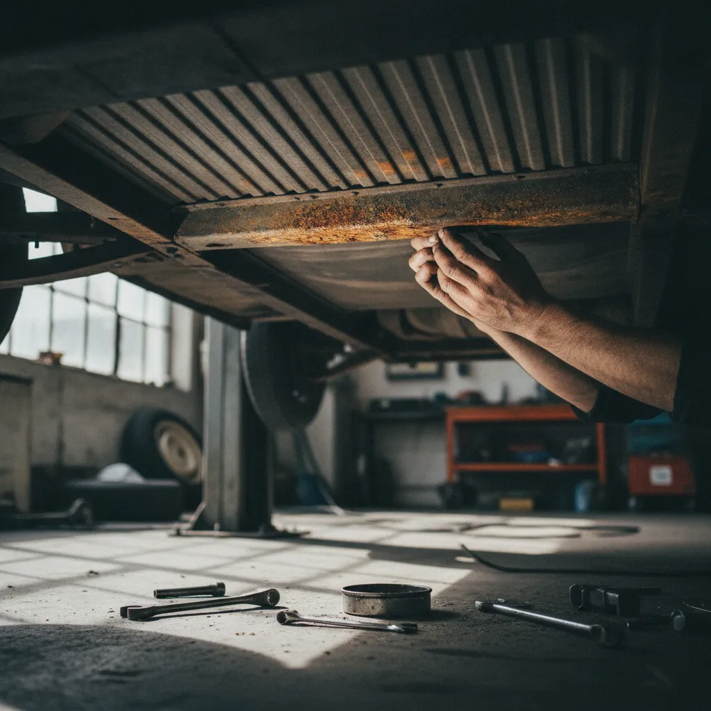 Inspection du plancher d'une 2CV sur pont élévateur en atelier de restauration
