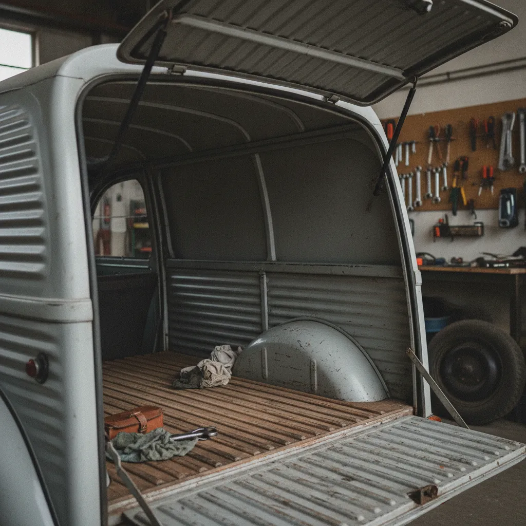 Vue arrière d'une 2CV fourgonnette avec le hayon ouvert sur l'espace de chargement