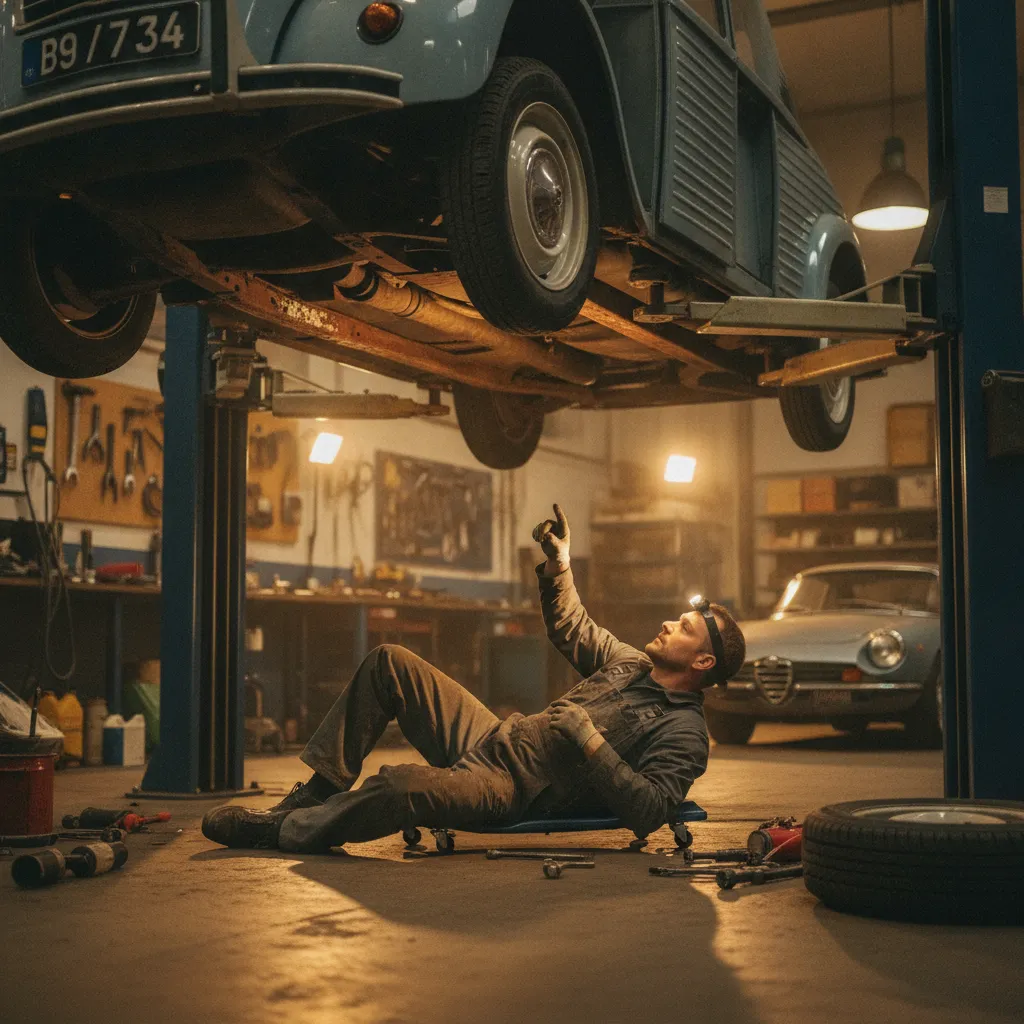 Inspection des longerons d'une fourgonnette 2CV sur un pont élévateur en atelier