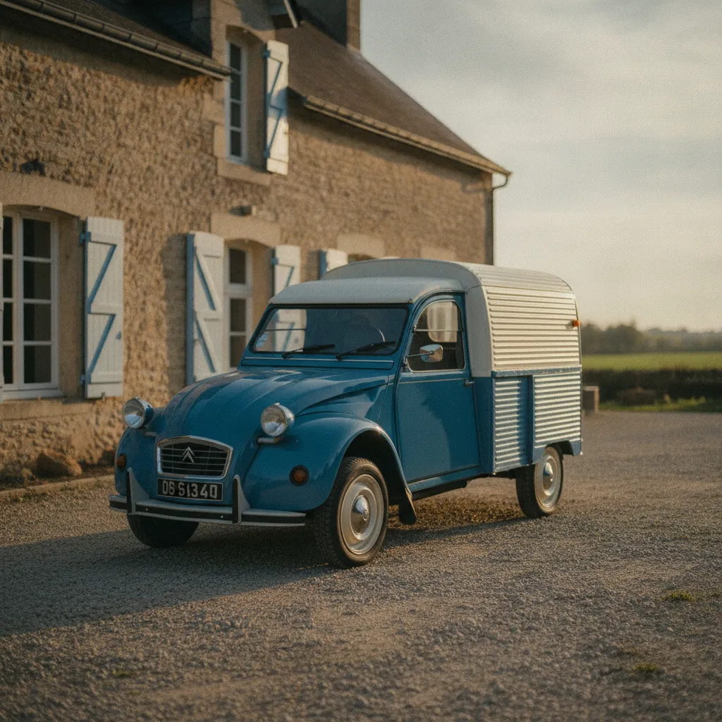 2CV fourgonnette AK 400 restaurée dans sa livrée bleue et blanche devant un corps de ferme