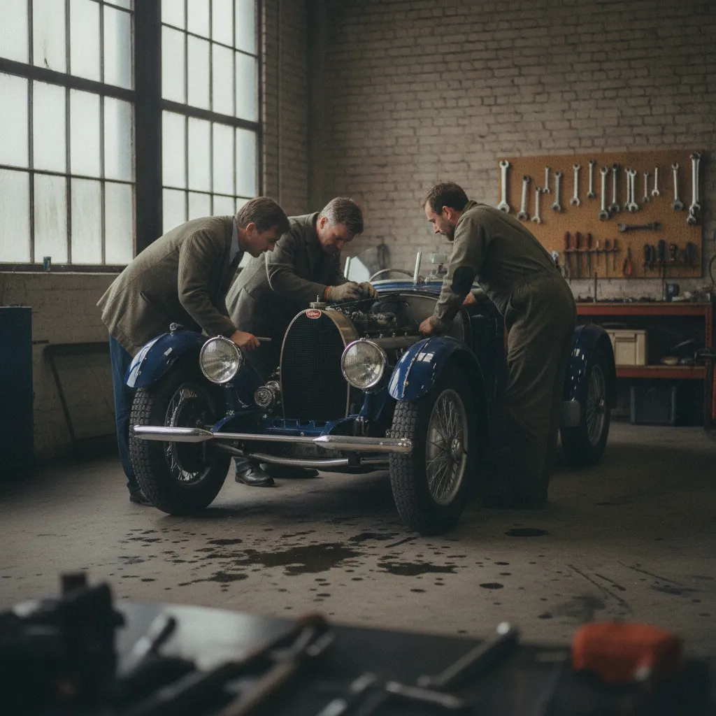 Membres d'un club inspectant le moteur d'une voiture ancienne dans un atelier partagé