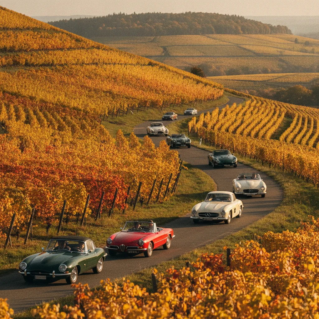 Sortie en convoi d'un club voiture ancienne à travers le vignoble alsacien
