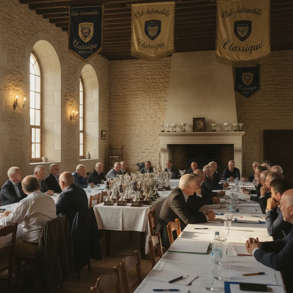 Assemblée générale annuelle d'un club de voitures anciennes dans une salle communale