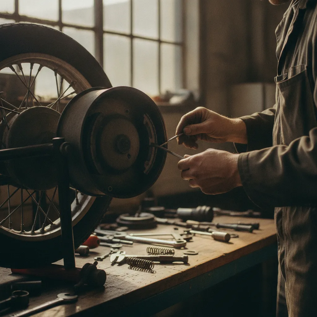 Vérification du système de freinage à tambour sur une moto de collection dans l'atelier