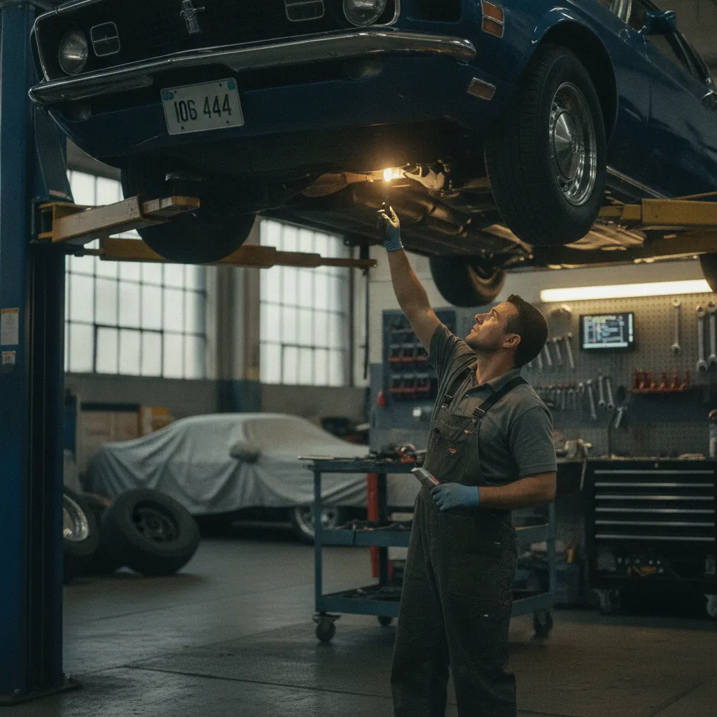 Inspection du dessous de caisse d'une voiture ancienne sur un pont élévateur