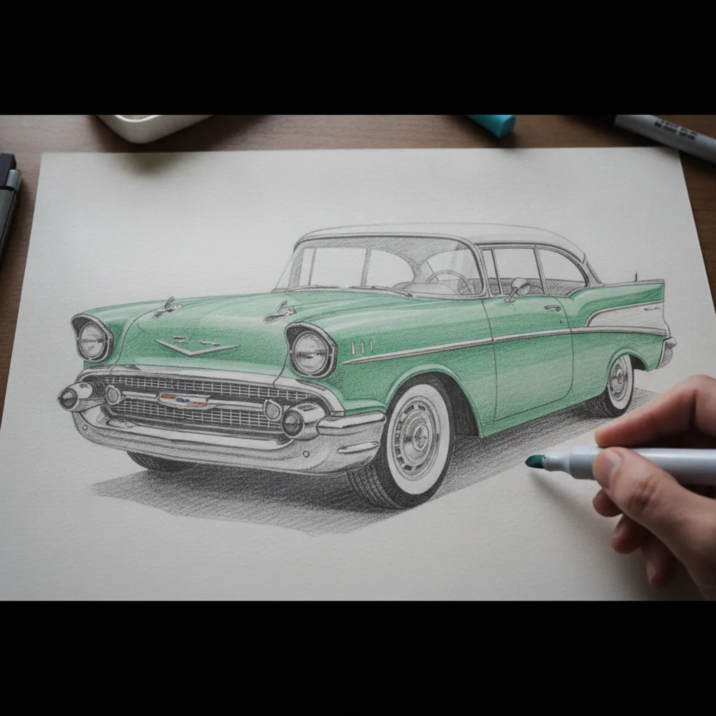 Mise en couleur aux feutres à alcool d'une Chevrolet Bel Air 1957