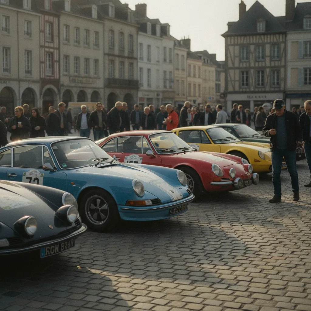 Le parc fermé en centre-ville de Dieppe regroupe les véhicules historiques engagés dans le rallye