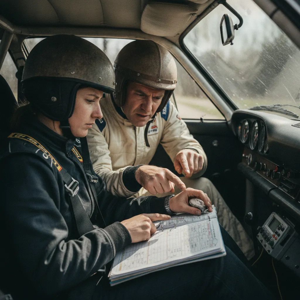 Pilote et copilote concentrés sur le roadbook lors d'une épreuve de régularité chronométrique