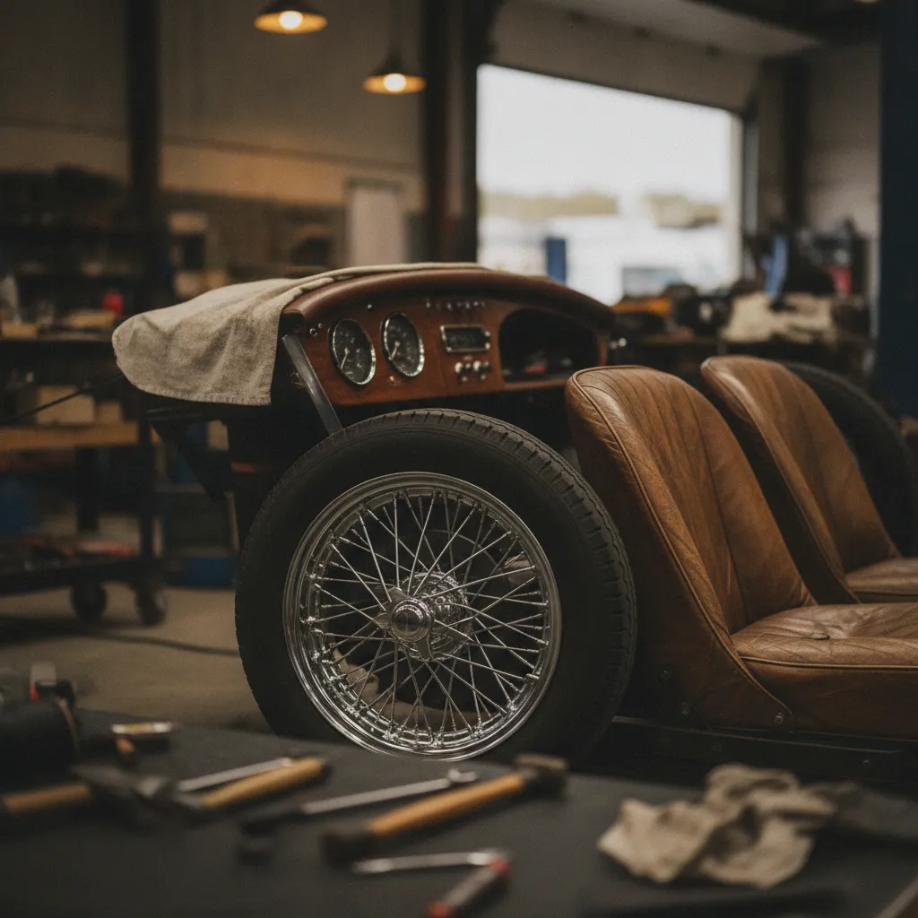 Détail d'une Austin-Healey 3000 en cours de restauration dans un atelier spécialisé