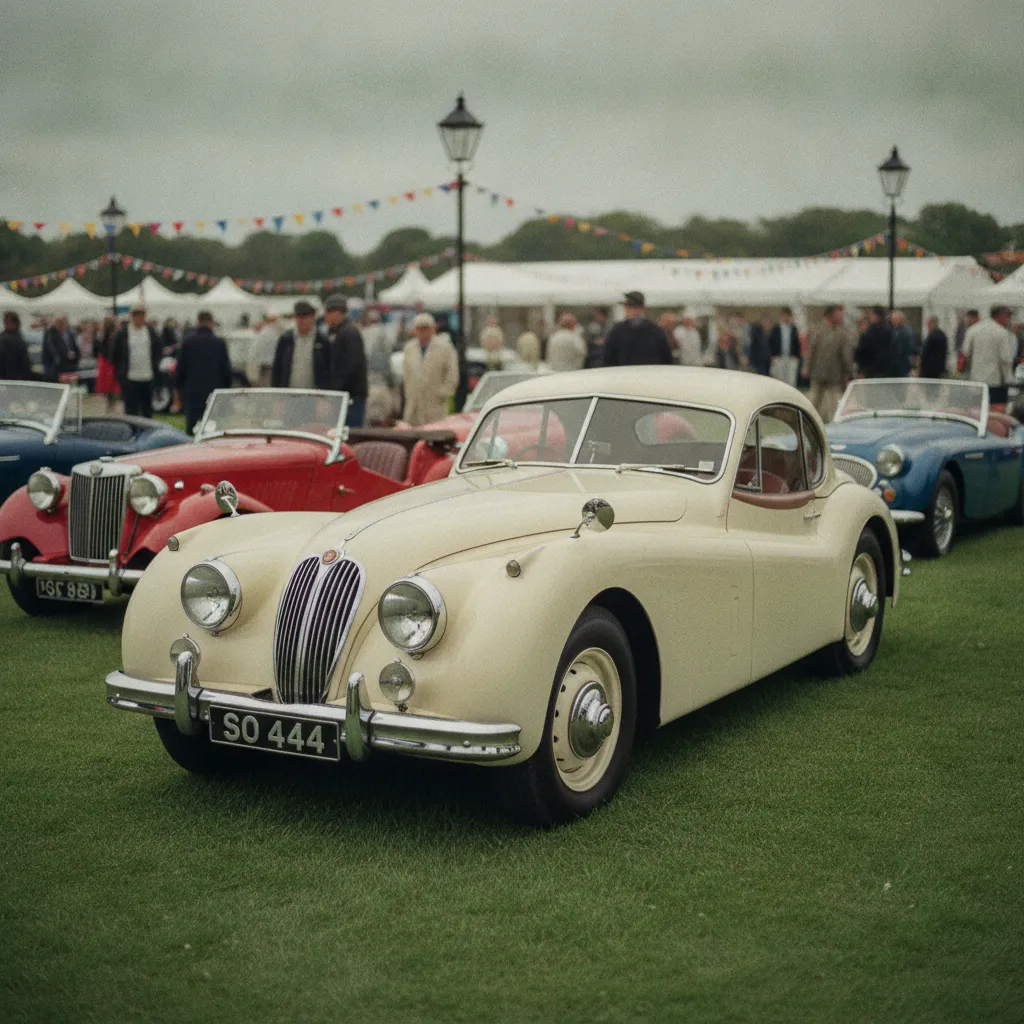 Jaguar XK120 roadster entourée de voitures anglaises des années 50 lors d'un rassemblement