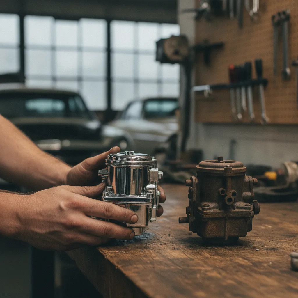 Comparaison entre un carburateur neuf commandé en ligne et la pièce d'origine usagée