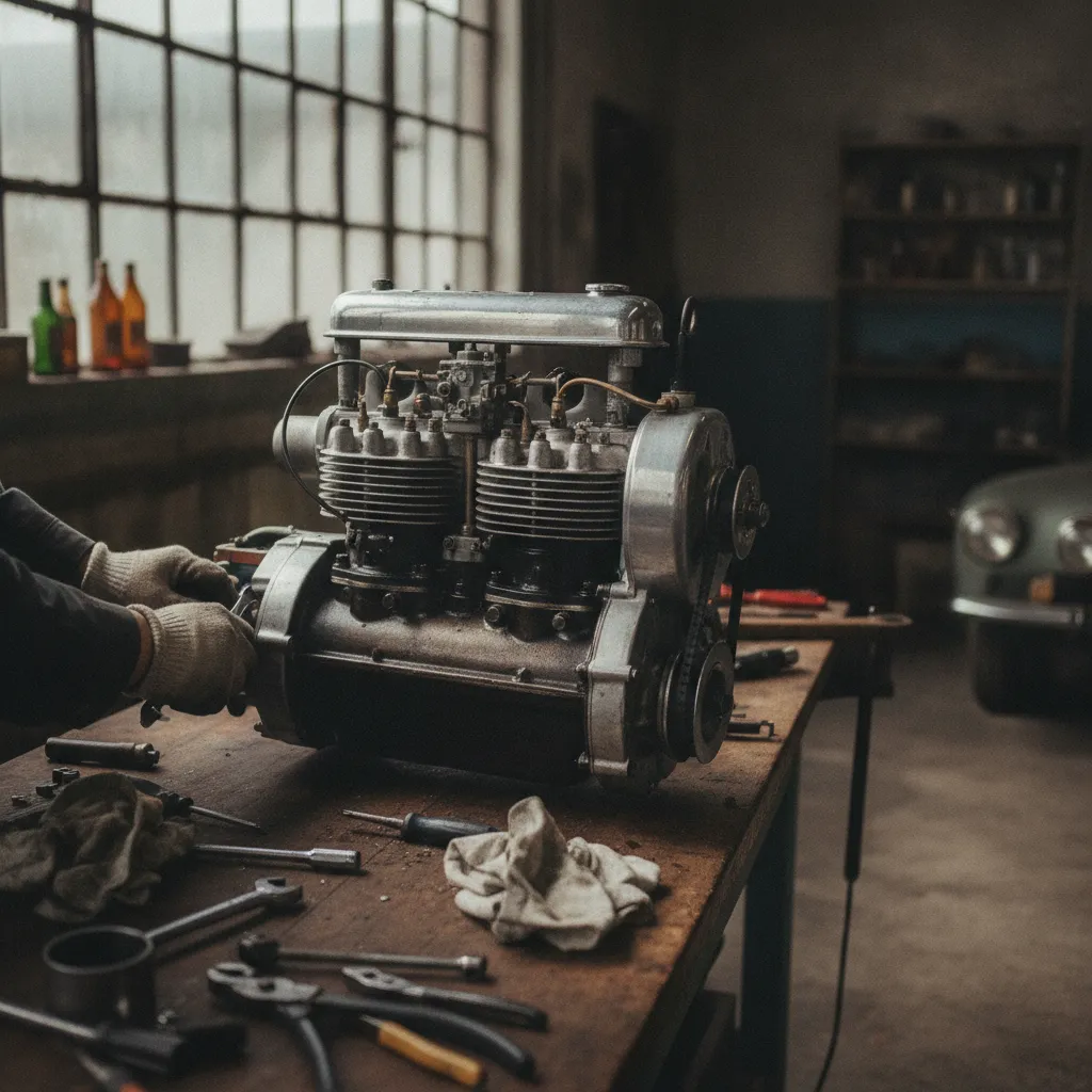 Le moteur bicylindre à plat Panhard, refroidi par air, en cours de révision dans l'atelier