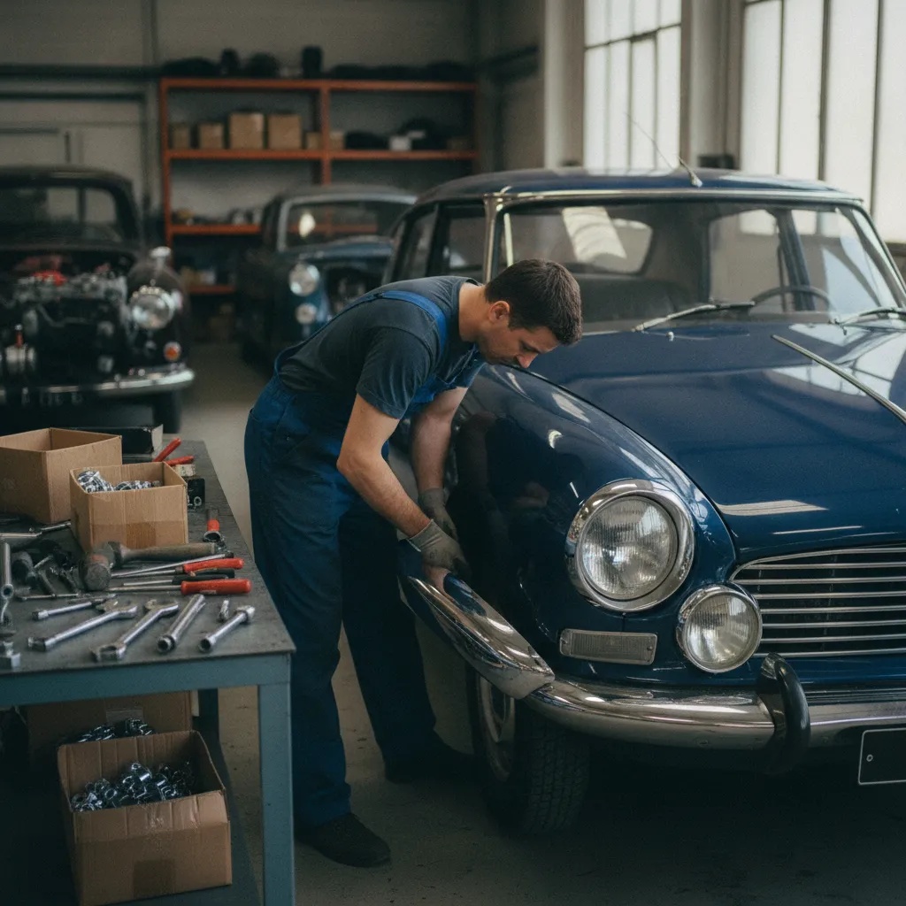 Montage d'un pare-chocs rechromé sur une berline française des années 1960 en cours de restauration
