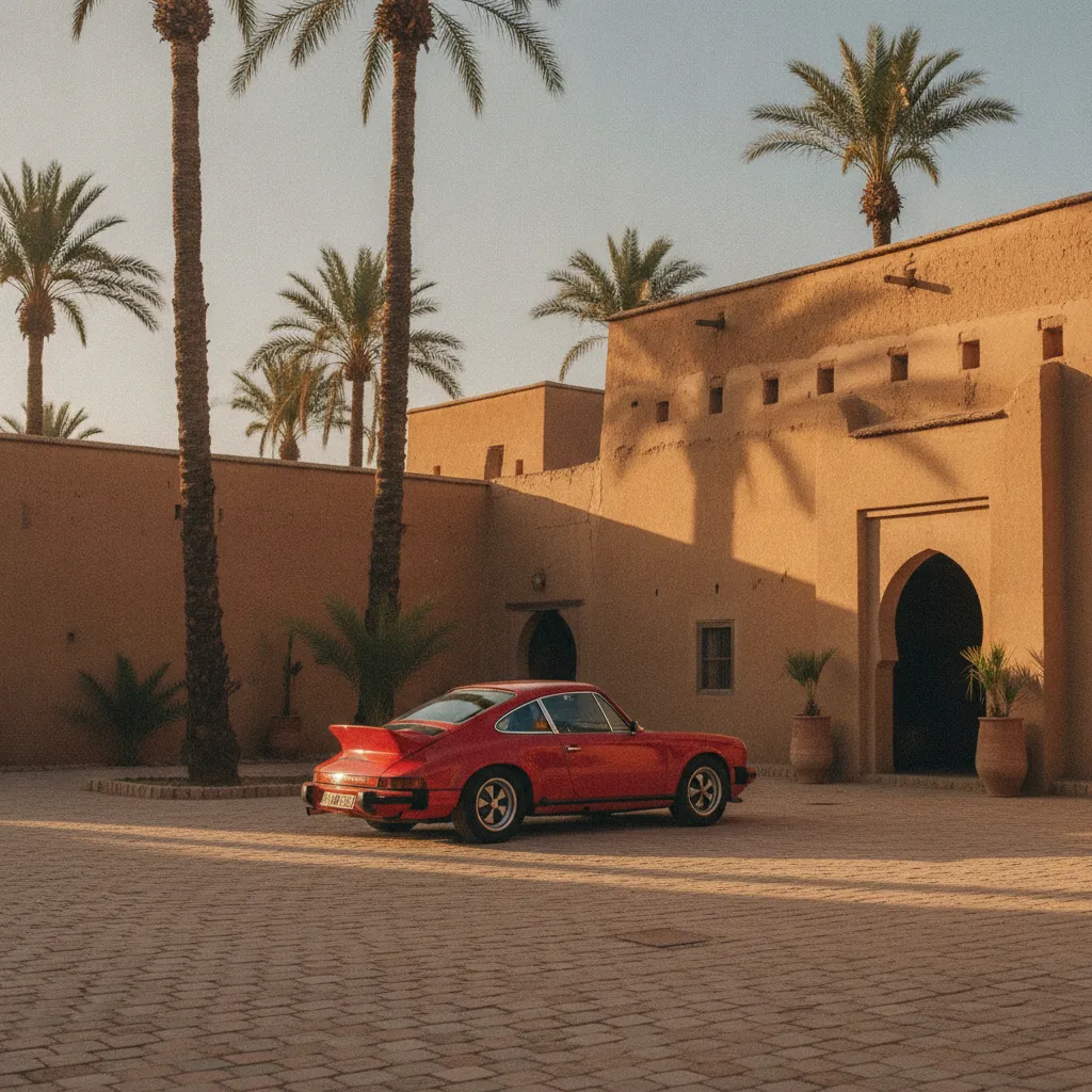 Une Porsche 911 classique devant une kasbah marocaine lors d'une étape du rallye