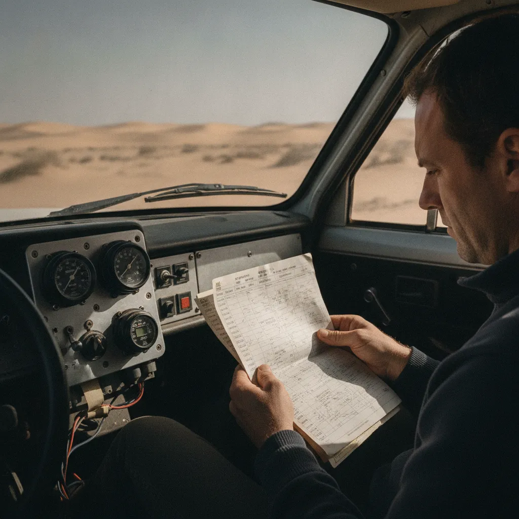 Le copilote consulte le roadbook lors d'une spéciale de navigation dans le sud marocain