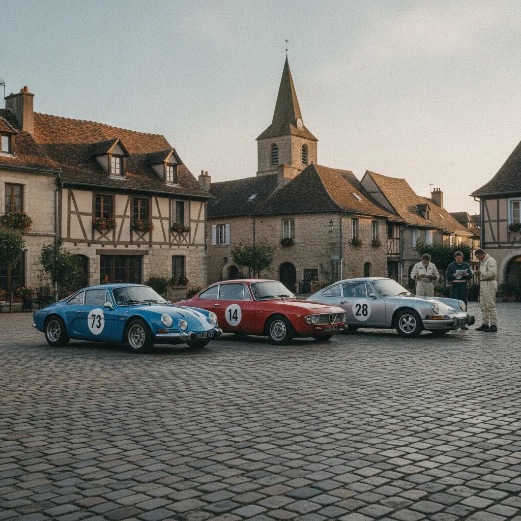 Voitures anciennes alignées sur la place d'un village français avant le départ d'un rallye historique