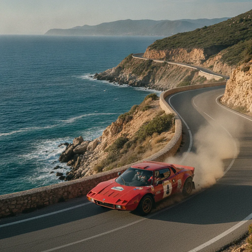 Une voiture de collection sur les routes sinueuses du Tour de Corse Historique