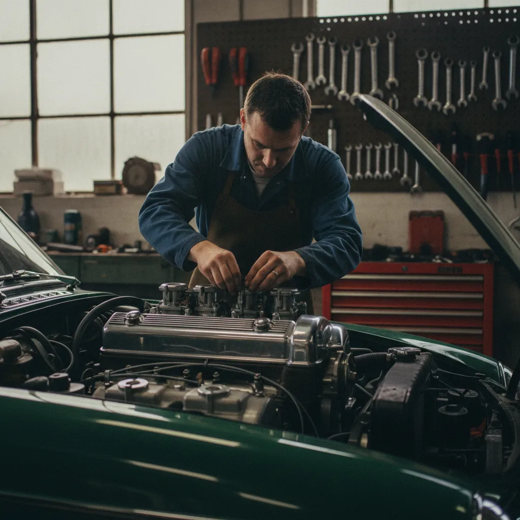 Préparation mécanique d'un moteur de voiture ancienne avant un rallye historique dans l'atelier