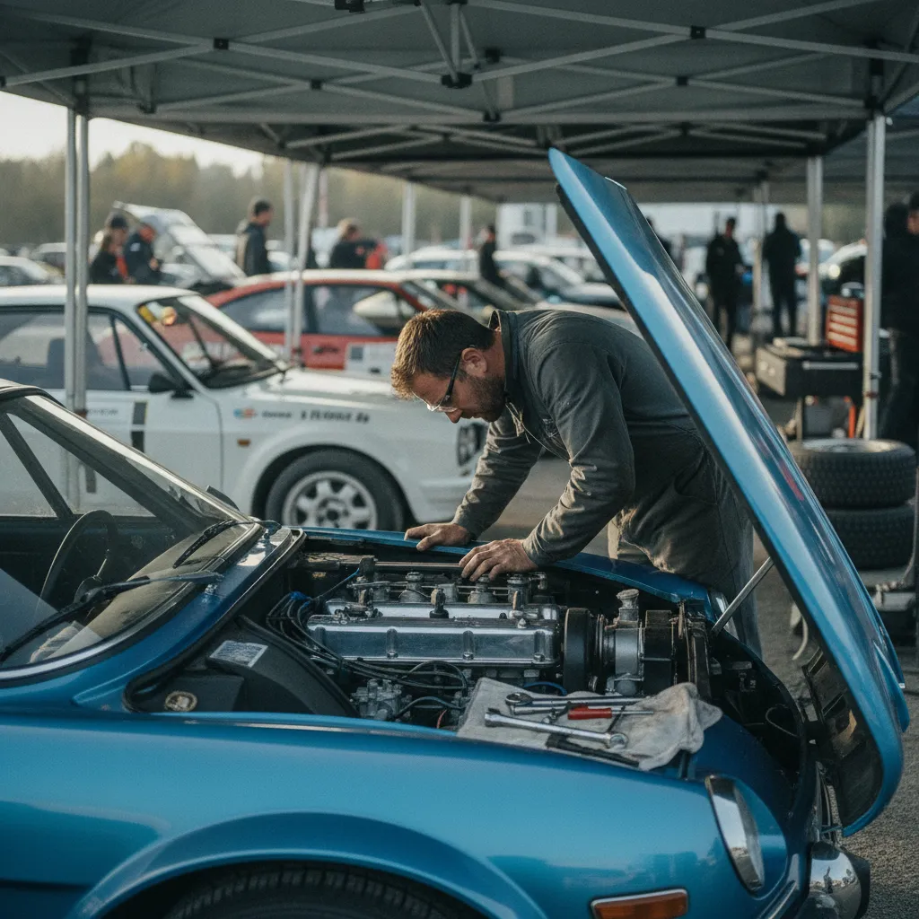 La préparation mécanique dans le parc d'assistance est un moment clé du rallye historique