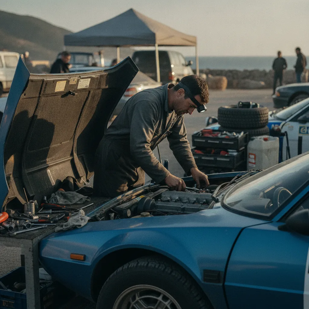 Dans le parc d'assistance, les mécaniciens s'affairent entre les étapes du rallye corse historique