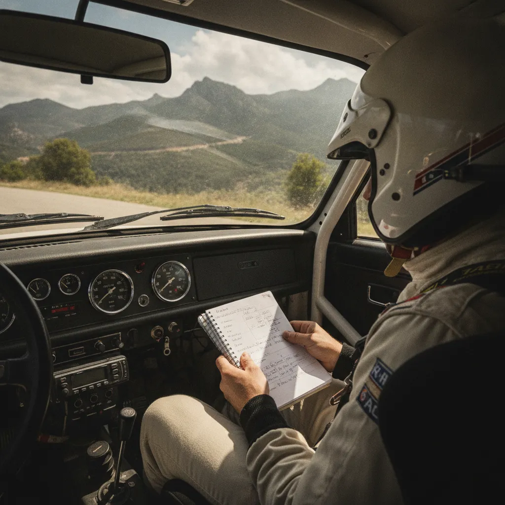 Le copilote lit ses notes dans l'habitacle d'une voiture engagée sur le Tour de Corse Historique