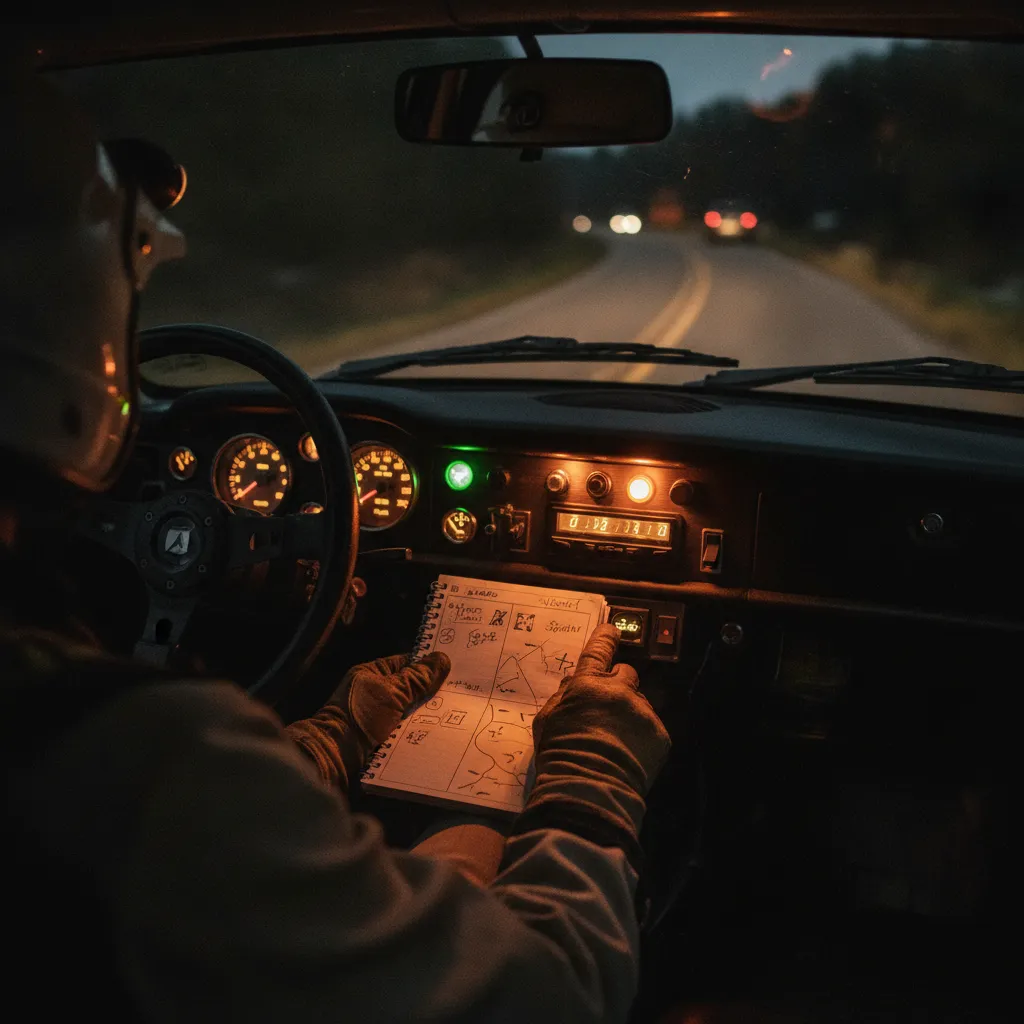 Le copilote vérifie le road-book et le compteur mécanique en épreuve nocturne