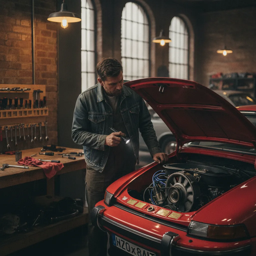 Préparation moteur d'une Porsche 911 avant le départ du rallye historique