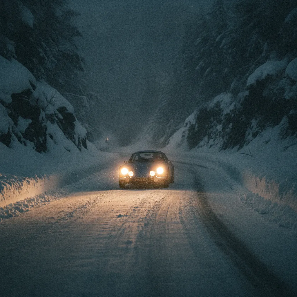 Une Alpine A110 Berlinette affronte le col de Turini de nuit lors de l'épreuve de régularité