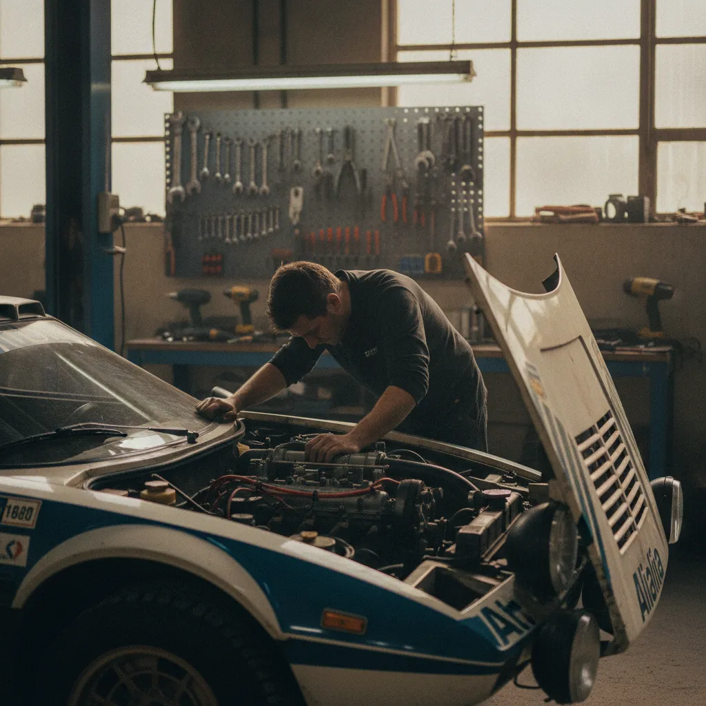 Préparation mécanique minutieuse d'une voiture ancienne avant le rallye Monte-Carlo historique