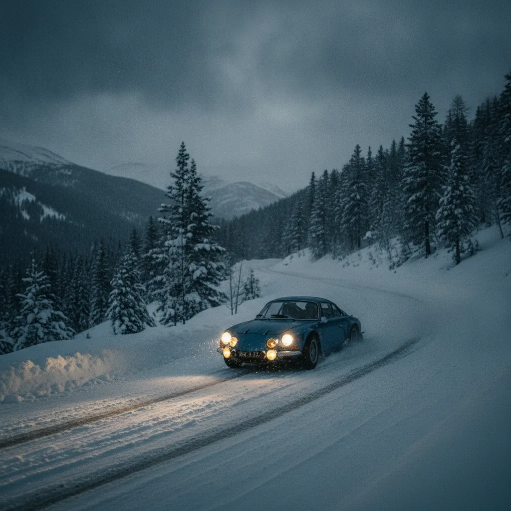 Alpine A110 en pleine spéciale nocturne dans les cols enneigés du Monte-Carlo Historique