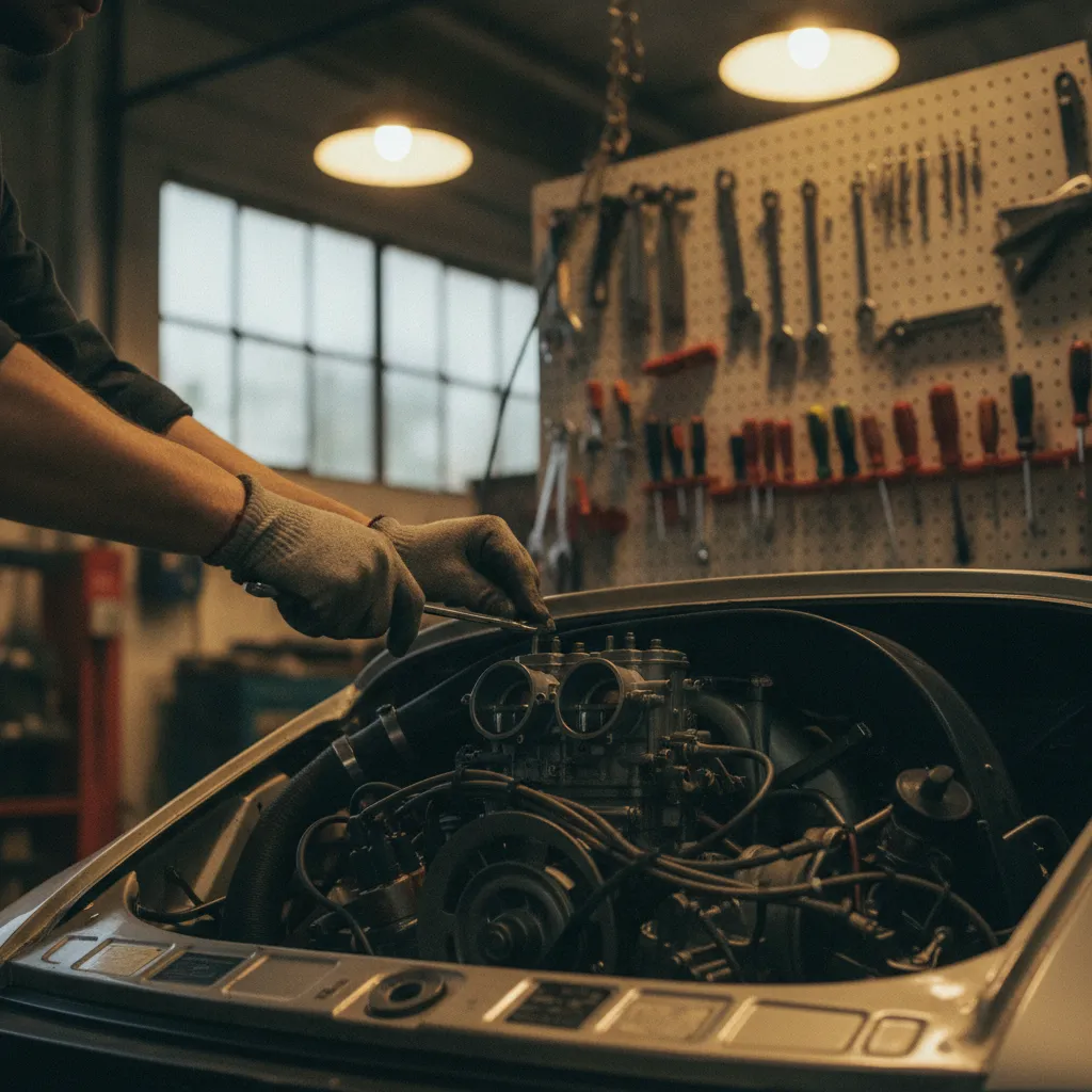 Préparation mécanique d'une Porsche 911 de rallye dans un atelier spécialisé