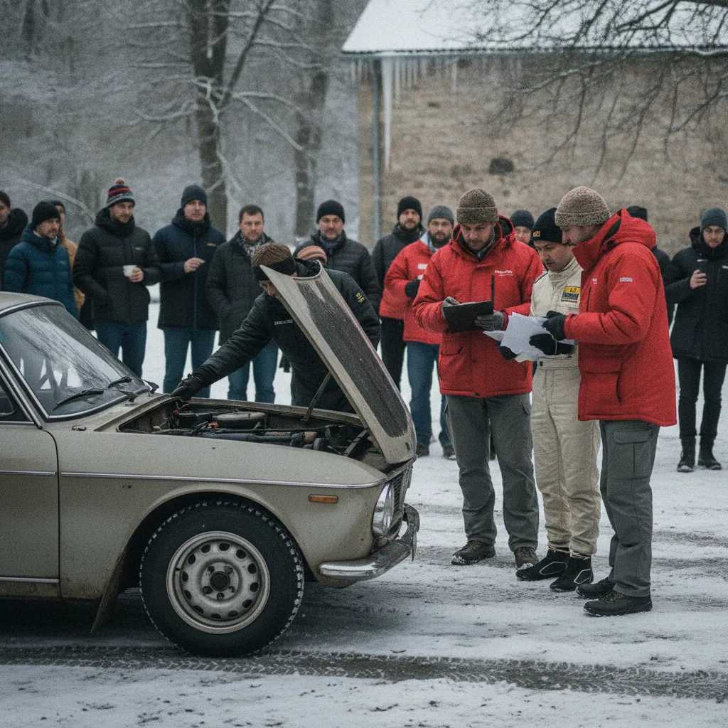 Vérifications techniques lors des contrôles avant le départ du rallye à Reims