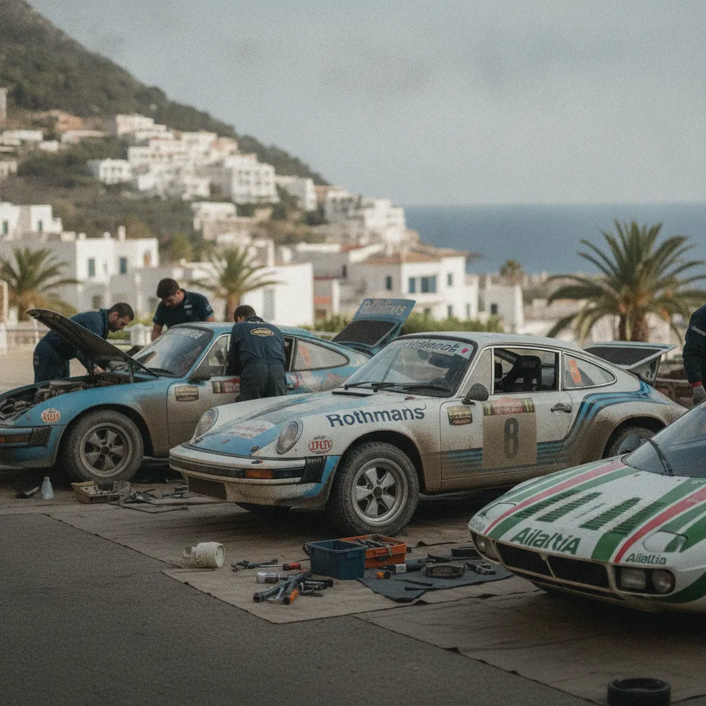 Porsche 911 et Lancia côte à côte dans le parc d'assistance à Porto-Vecchio