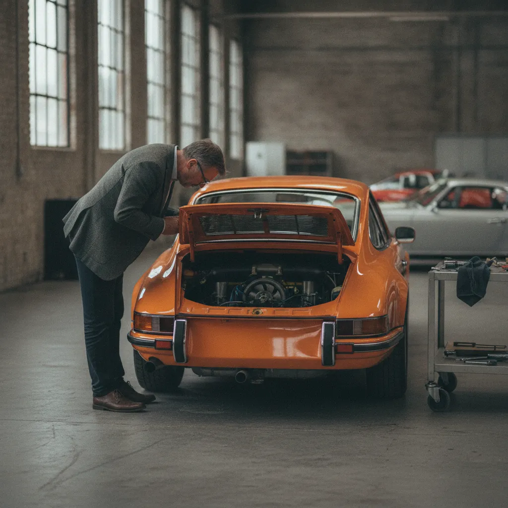 Inspection minutieuse du moteur d'une Porsche 911 classique avant une vente aux enchères