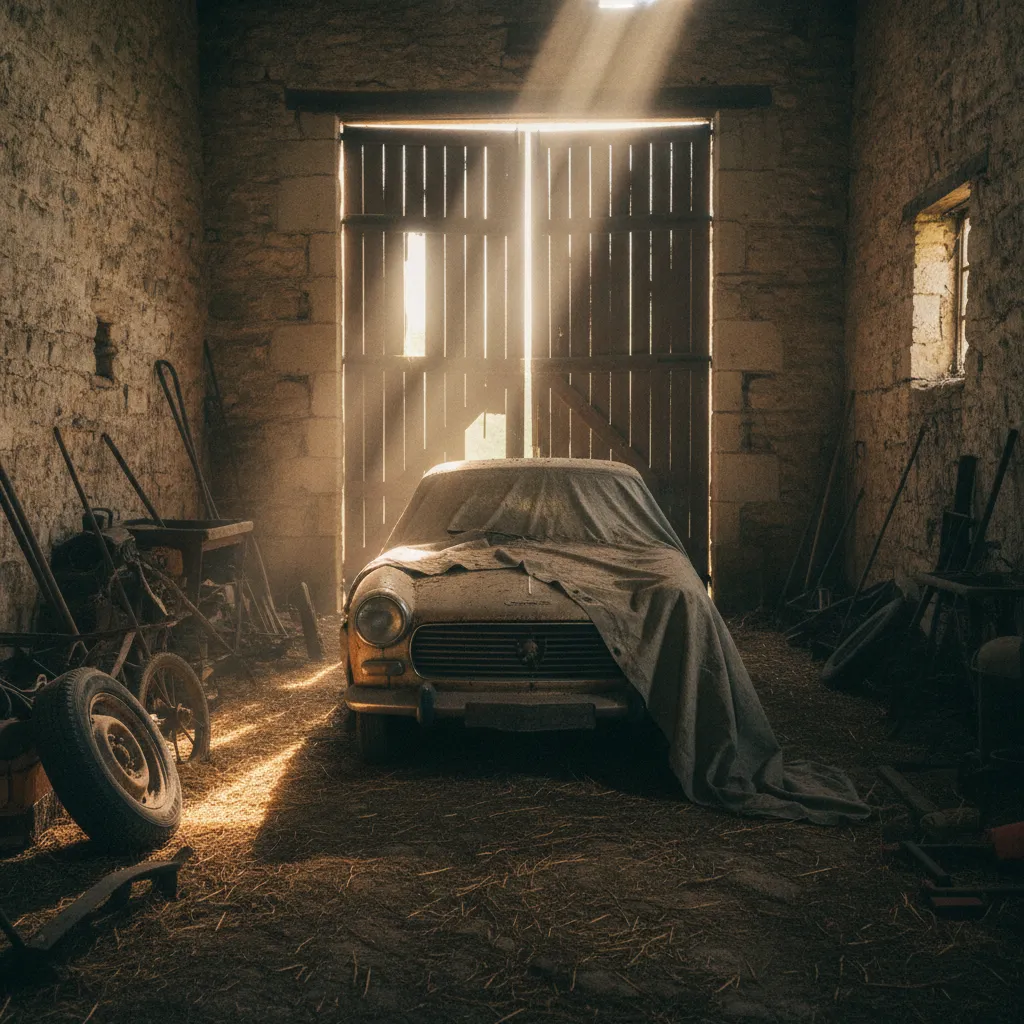 Découverte d'une Peugeot 404 Cabriolet dans une grange, typique des sorties de grange proposées en enchères