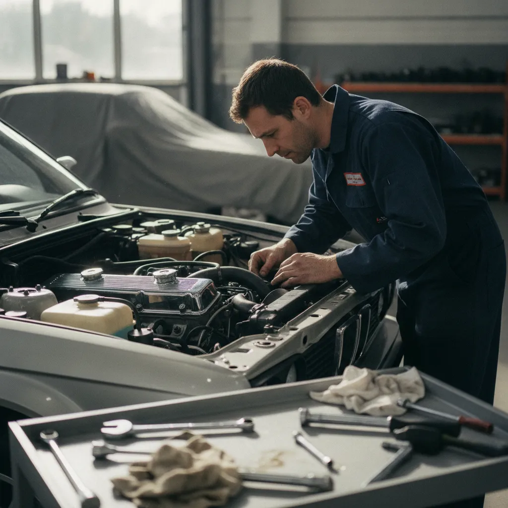Inspection du six cylindres en ligne d'une BMW E30 lors d'une restauration